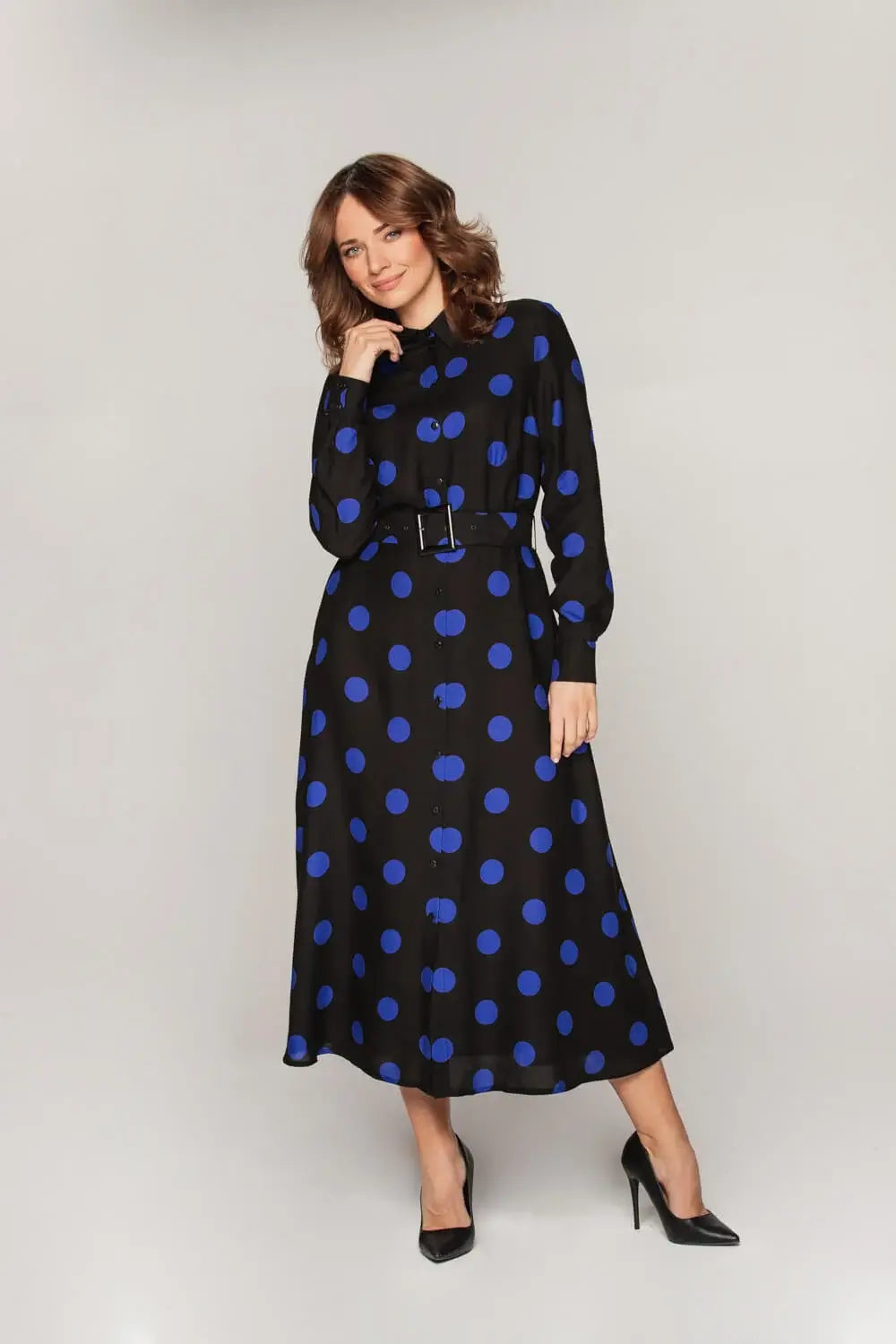 knee length dresses for ladies Sapphire Polka Dot Midi Shirt Dress | Chic & Versatile
