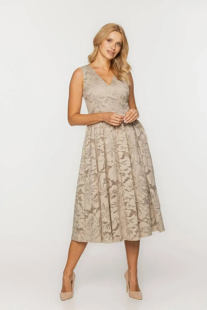 Beige Lace V-Neck Dress | Feminine Flair Beige Lace V-Neck Dress | Feminine Flair