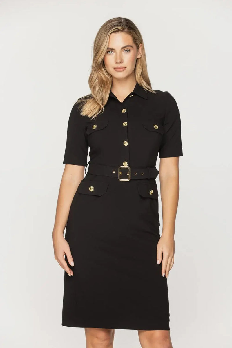Elegant Black Dress with Gold Button Detail | Timeless Chic